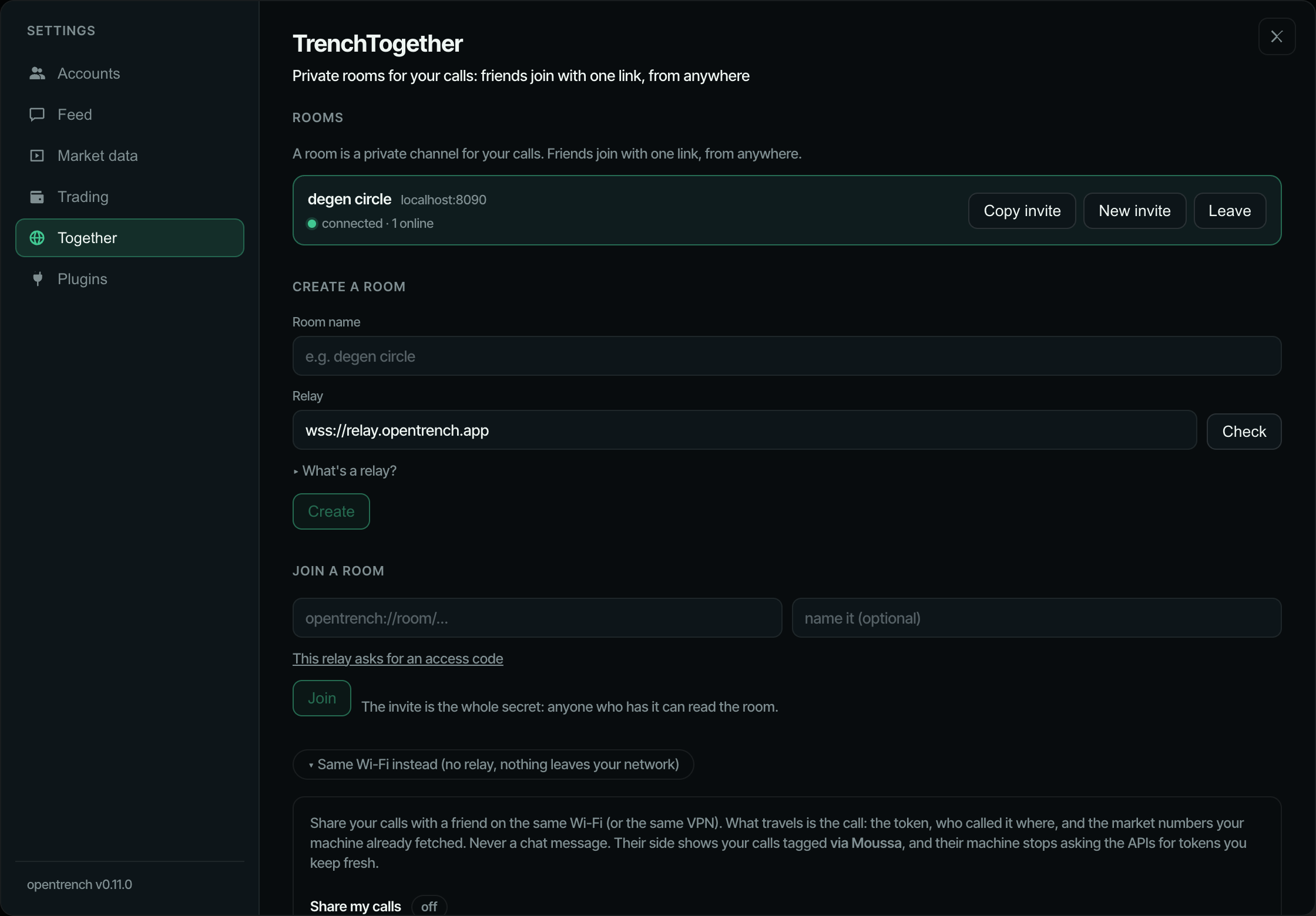 Settings → Together: a room card with its invite